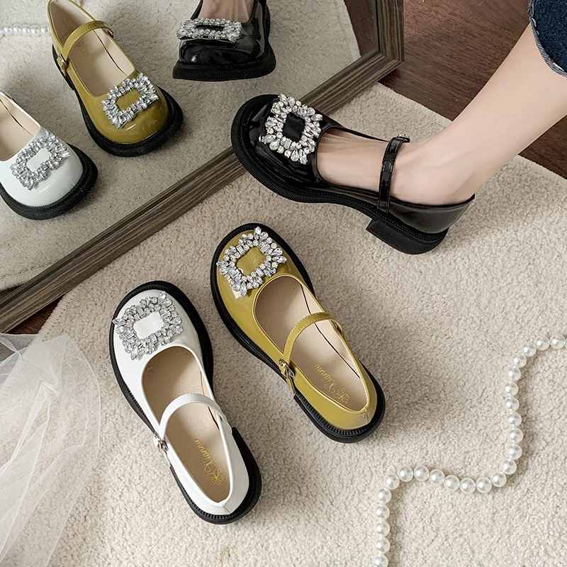 

Women Oxford Low Heels Round Toe Platform Pumps Crystal Patent Leather Ballerina Shoes Women New Dress Shoes 2022