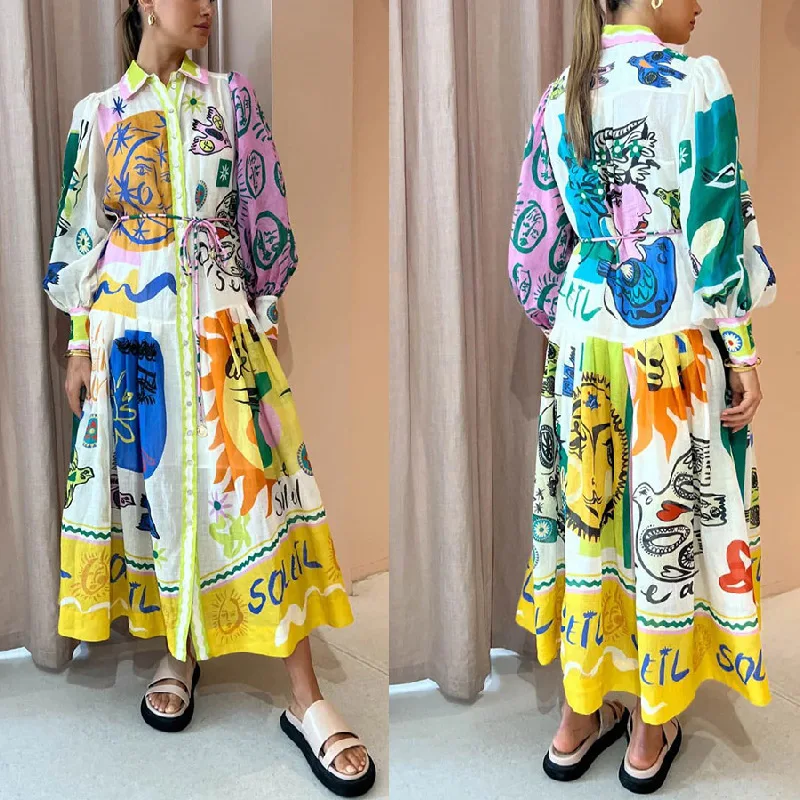 

2023 Autumn Printed Dresses For Women Flared Sleeves Turn-down Collar Leace-up Bohemian Style A-line Long Dress Vestido Feminino