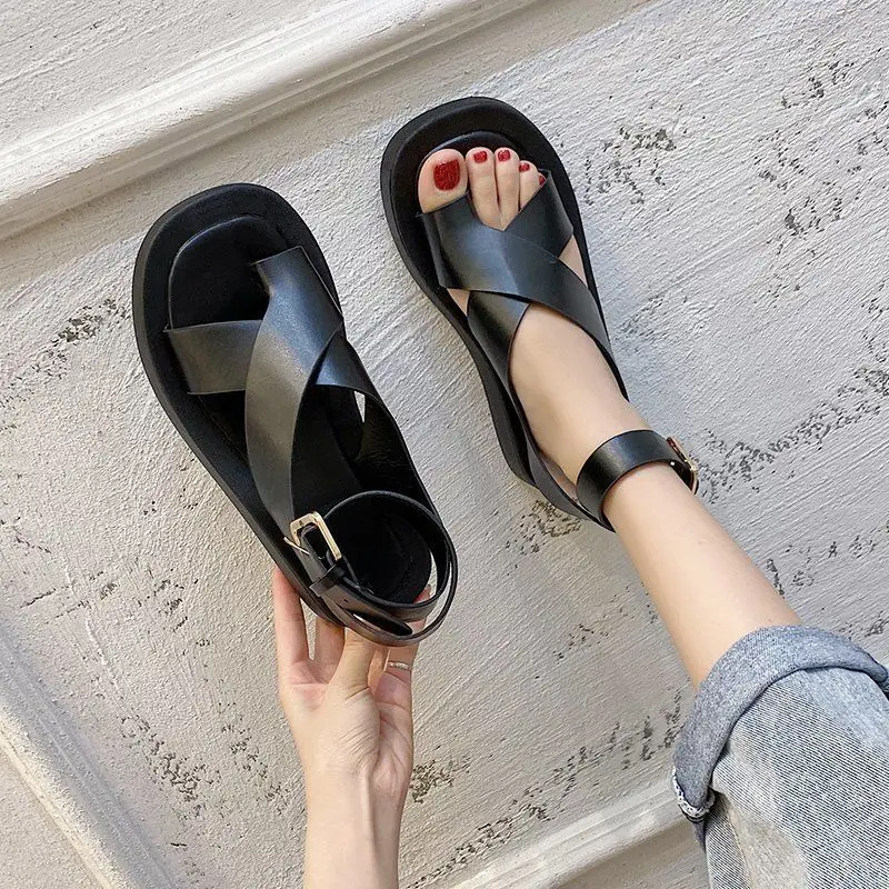 

Women Summer Sandals Solid Color Clip Toes Buckle Strap Shoes Thick Bottom Flats Thong Sandals Casual Ladies Des Sandales