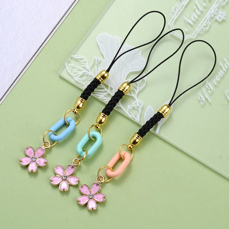 1Pcs Metal Mobile Phone Pendant Pink Flower Petals Ladie Gift Diagonal Phone Lanyard Anti-Lost Key Chain Accessories Decoration