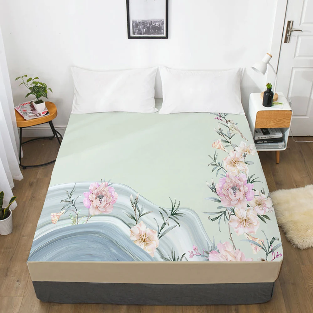 

1pc Elastic fitted sheet bed sheet With An Elastic Band Mattress Cover 160x200 180x200 Customizable size Bed cover marble Cyan