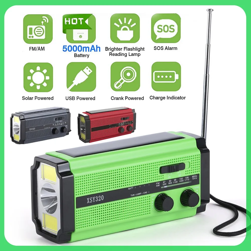 

AM/FM/WB Emergency Radio Handcrank Solar USB Charging Hand Crank Radio LED Flashlight Solar Weather Radio Reading Lamp SOS Alarm