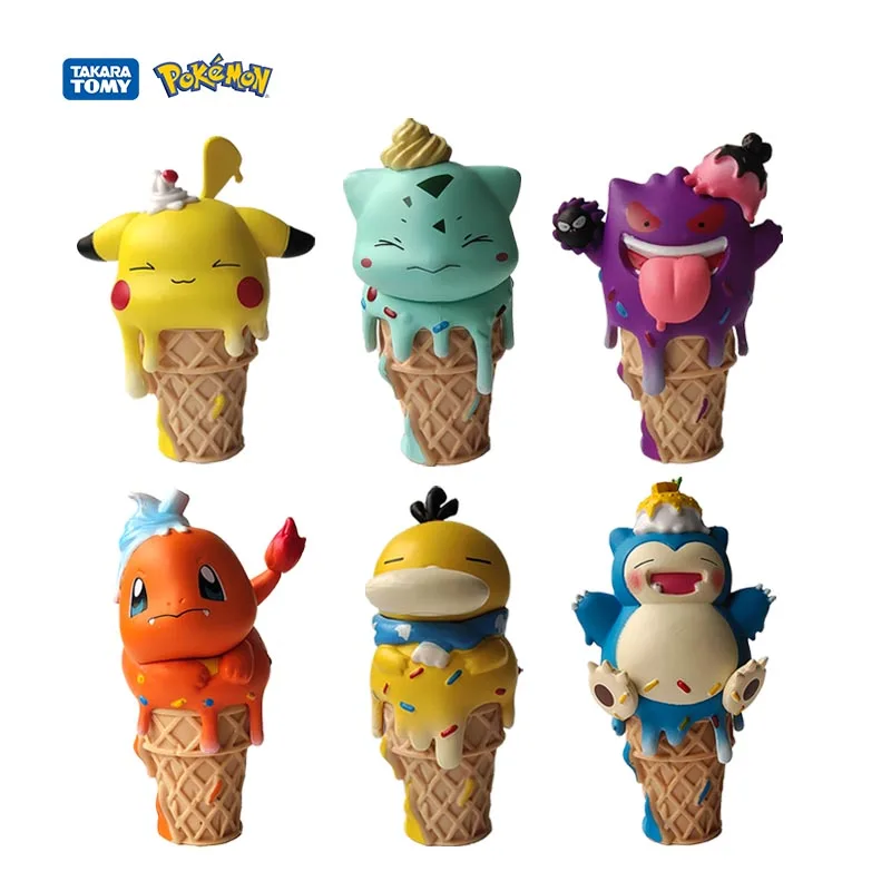 

6 Set/Pcs Pokemon Ice Cream Cone Design Figures Cute PVC Model Anime Action Doll Pikachu Charmander Pendant Children Gifts