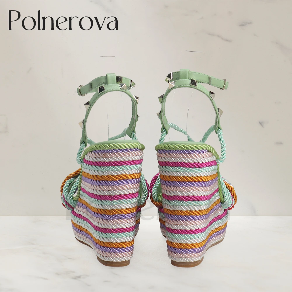 Color Block Hemp Rope Wedges Studs Luxurious Designer Sandals Multicolor Fashion Summer Shoes Platform Buckle Sandals for Women