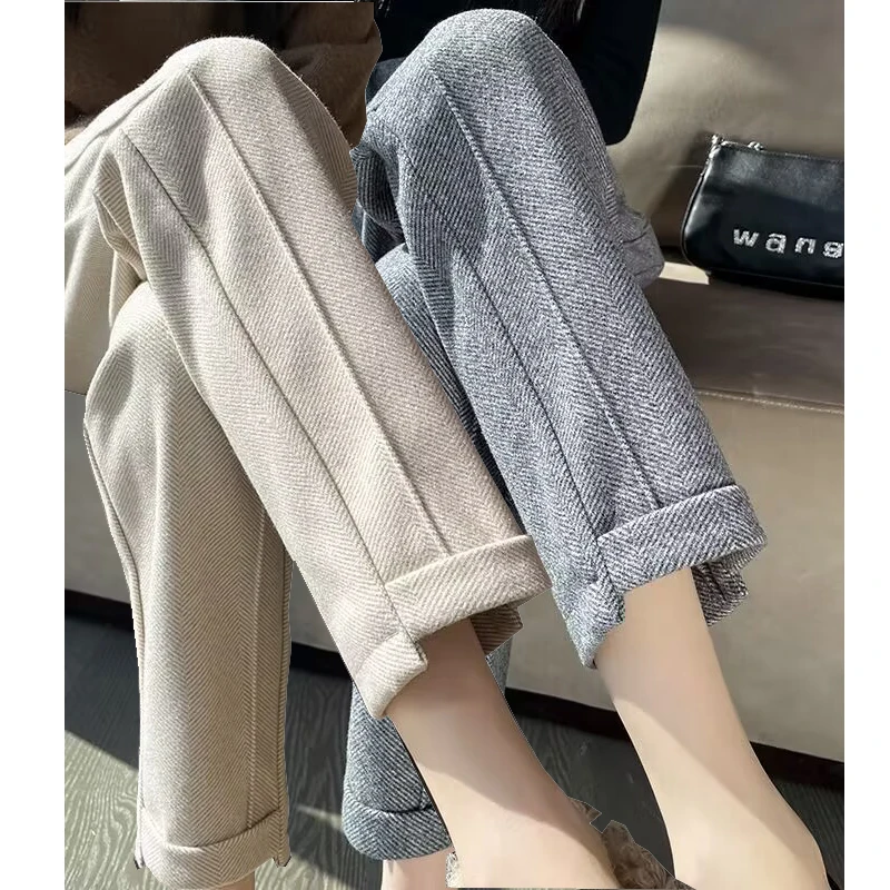 High-waisted Tweed Straight Pants 2023 Autumn/Winter New Women' S Pants Loose Casual Herringbone Warm Thickened cropped Pants