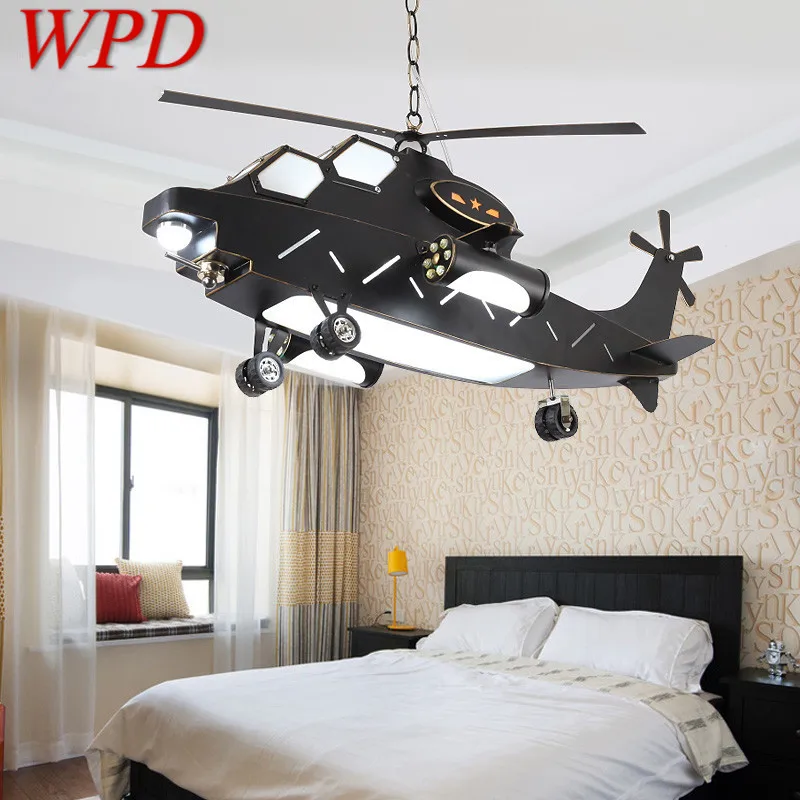 

WPD Children's Airplane Pendant Lamp Vintage LED Creative Fashion Cartoon Helicopter Light For Decor Kids Room Kindergarten