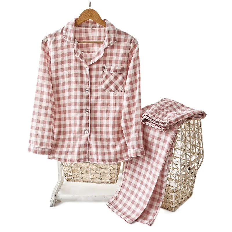 

Новинка весна-осень Стильная хлопковая Пижама для пар с длинными рукавами с отложным воротником в клетку Удобный домашний костюм для пар Пи...
