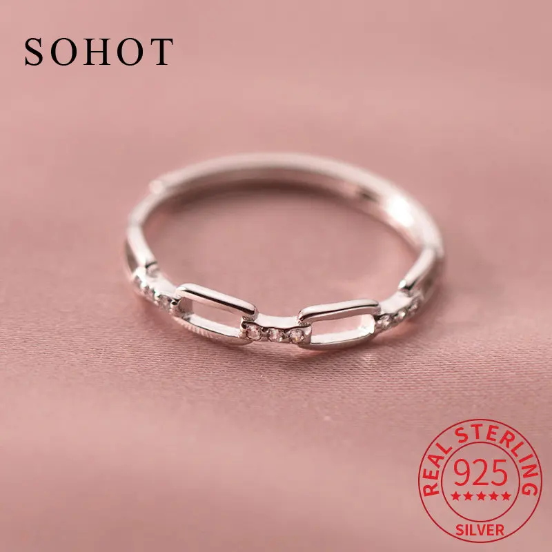 

Real 925 Sterling Silver Zircon Chain Adjustable Ring For Fashion Women Classic Fine Jewelry Minimalist Bijoux