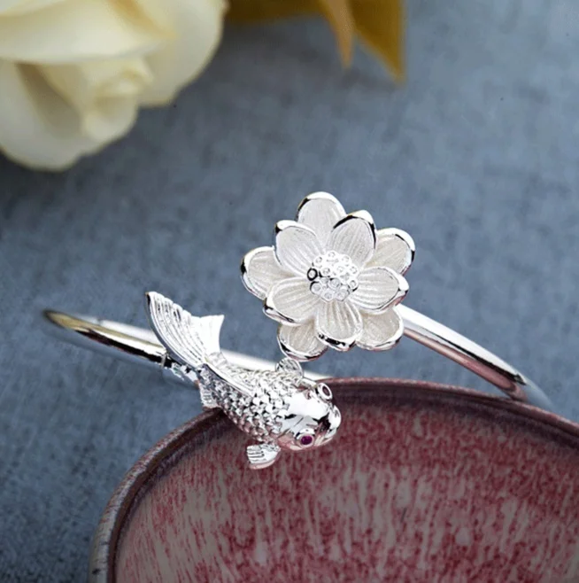 

ANGLANG Fashion Silver Colour Woman Cuff Bracelet Open Goldfish Design Adjustable Charm Vintage Bangle Wedding Jewelry Gifts