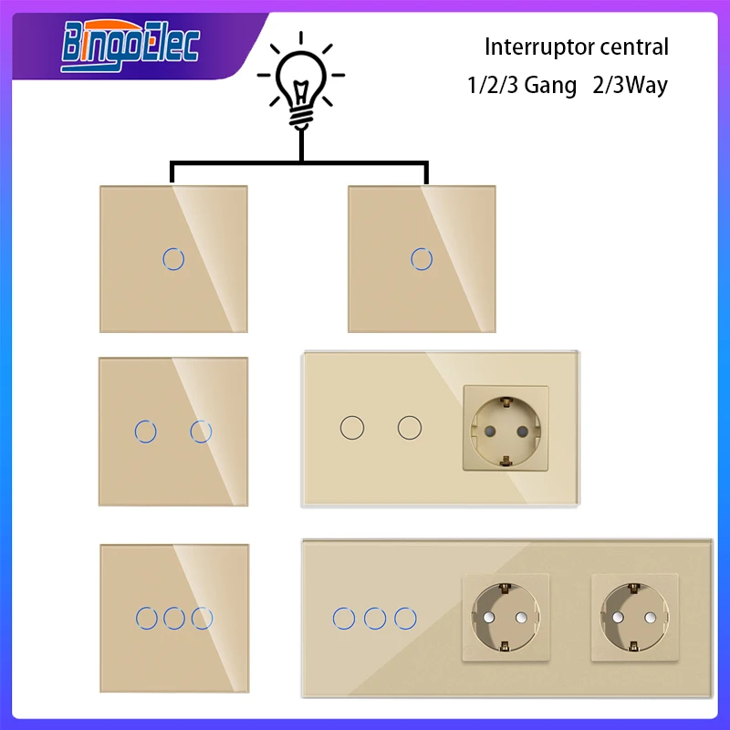 

Bingoelec 1 2 3 Gang 2/3way Gold Wall Light Touch Sensor Switch and Socket with Crystal Glass Panel Home Improvement