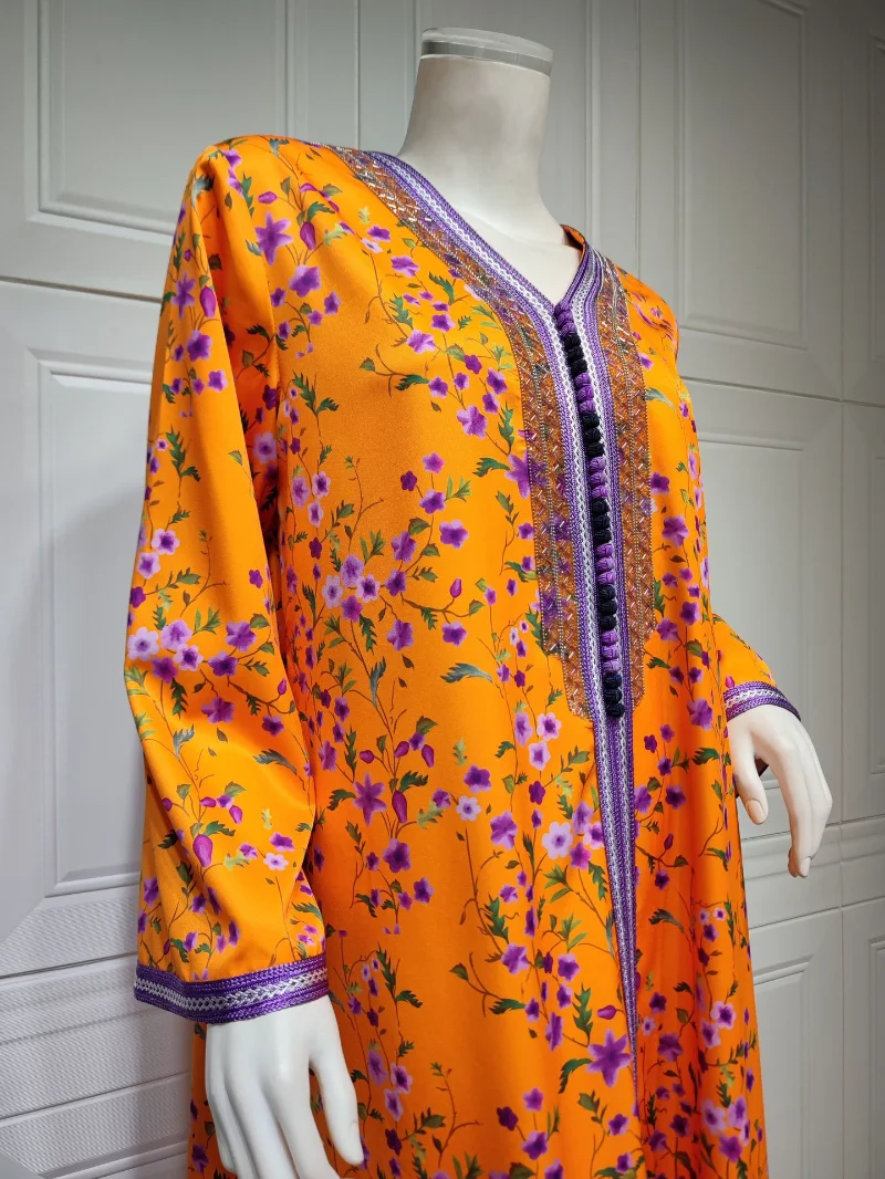 Muslim Dress 2023 Spring Summer Fashion Style Muslim Women Long Sleeve V-neck Polyester Printing Orange Long Dress Muslim Abaya