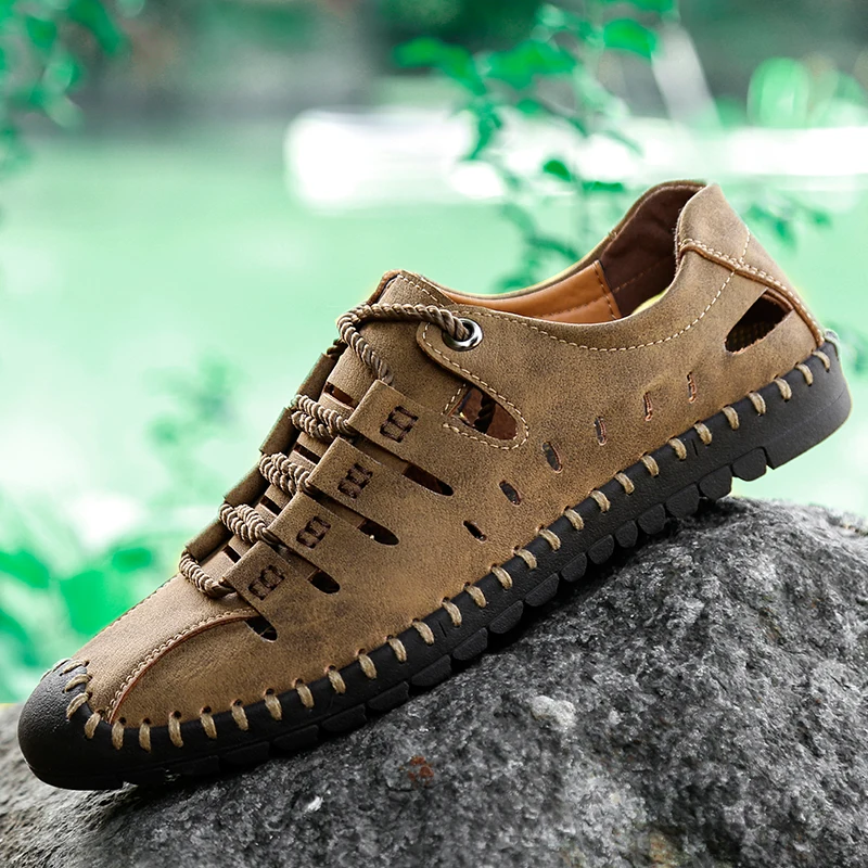 

Summer Men Leather Sandals Hollow Breathable Outdoor Men Casual Shoes Lace Up Waling Shoes Men Leisure Sandals Hiking Sandals