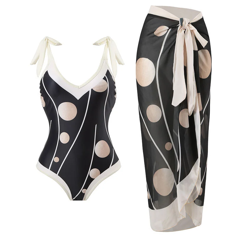 Floral Print Vintage Swimsuit with Skirt 2023 New Women V-Neck Swimwear Brazilian Holiday Designer Bathing Suit Beach Cover Up