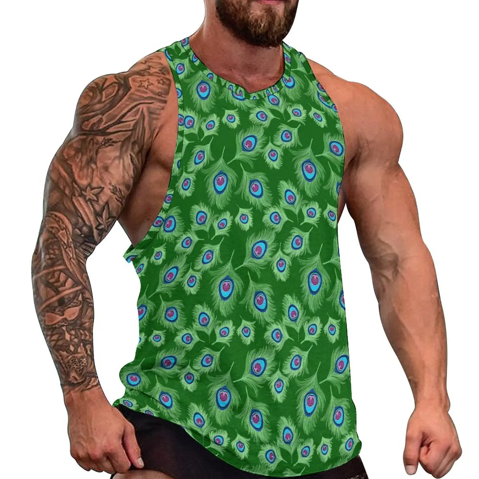 

Peacock Feathers Tank Top Man's Lime and Blue Training Oversized Tops Daily Muscle Design Sleeveless Shirts