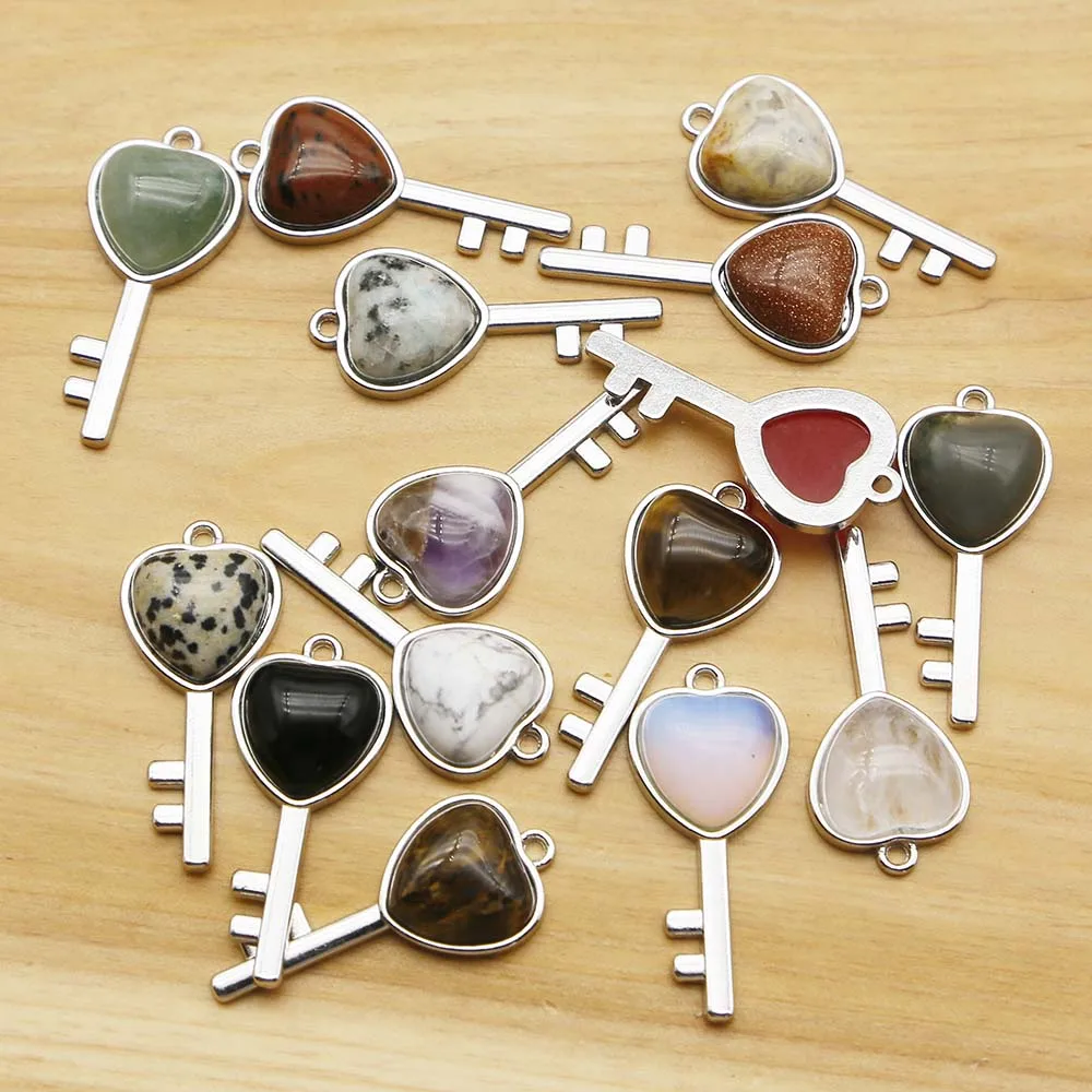 Selling Natural Stone Heart Crystal Agate Key Pendants Opal Stainless Steel Necklace Fashion Jewelry Accessories Wholesale 10Pcs