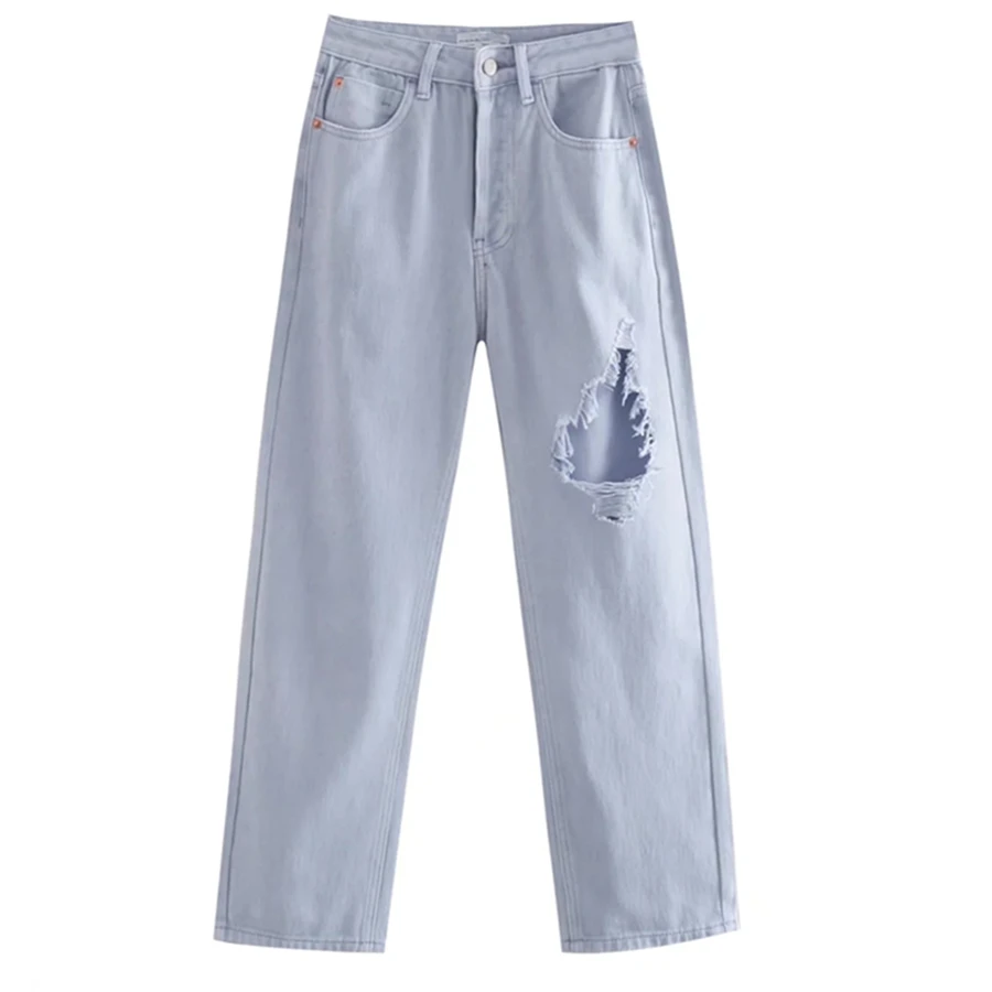 

Elmsk 2022 Fashion Colorful Retro Washed Hole Ripped Straight Loose Denim Pants Women England Style Mom Jeans Women