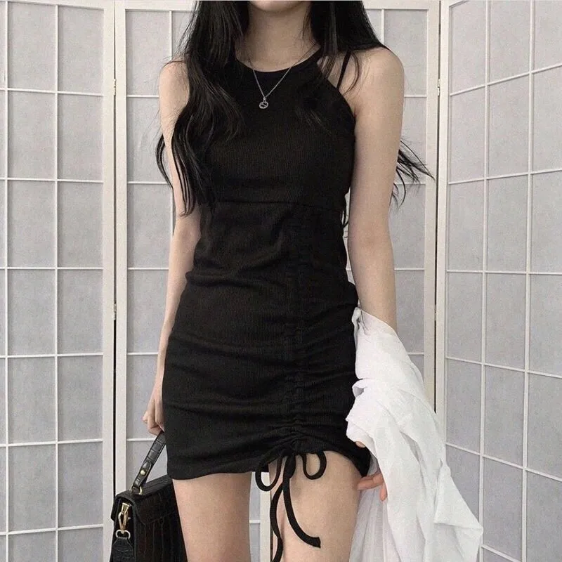

WTEMPO Women Femme Solid Color Pencil Dresses O-Neck Sleeveless Slim Hips Drawstring mini Dress For Woman Clothing