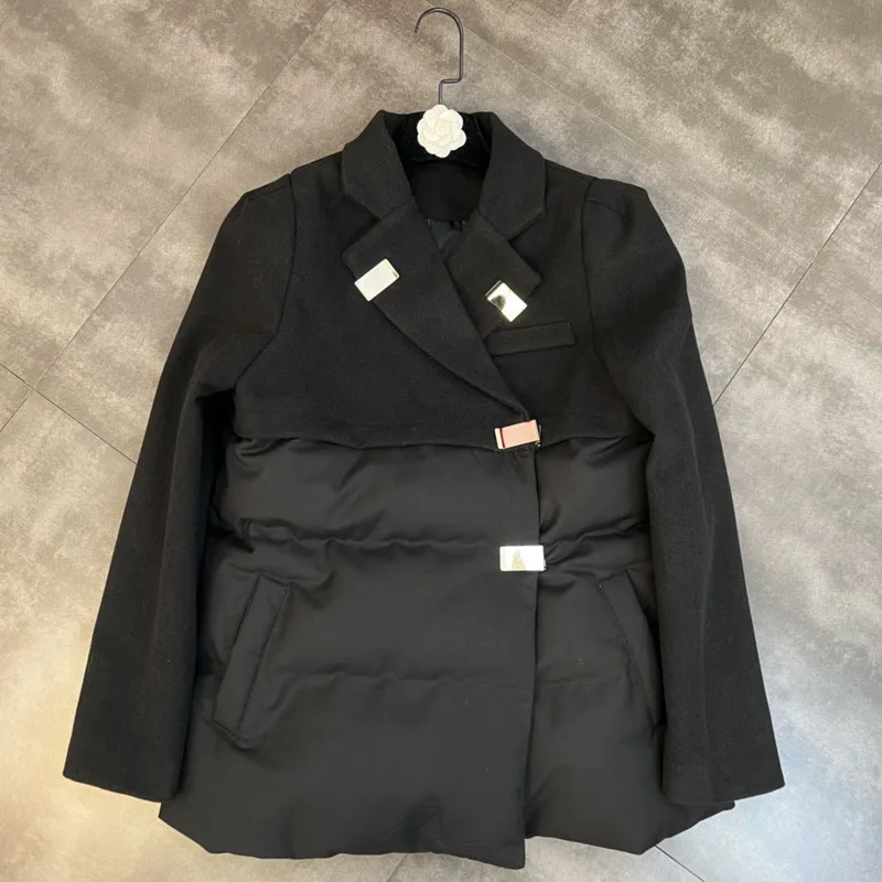 

2022 Winter New Arrival Turn Down Collar Woolen Patchwork Square Buttons Blazer Women Black Cotton Coat