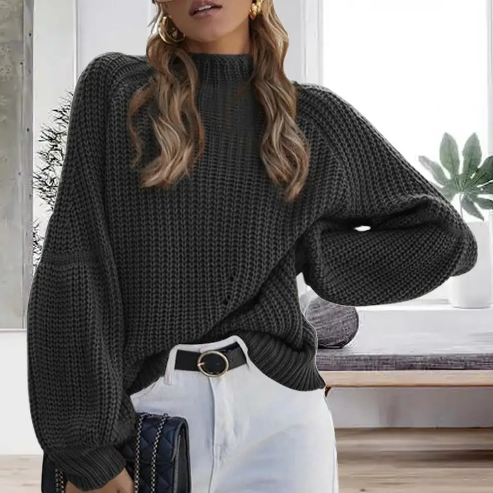 

Half High Collar Lantern Long Sleeves Thickened Women Knitwear Winter Solid Color Coarse Yarn Warm Sweater Jumper Female Clothes