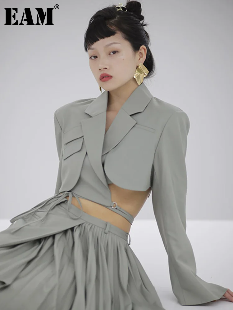 

[EAM] Women Green Bandage Short Elegant Blazer New Lapel Long Sleeve Loose Fit Jacket Fashion Tide Spring Autumn 2023 1DE9445