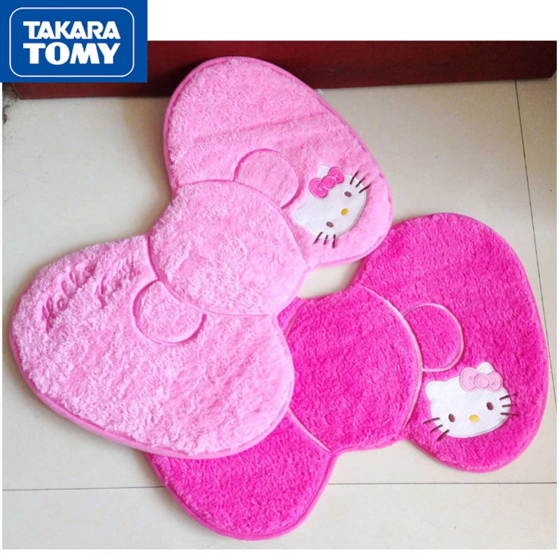 

TAKARA TOMY 2022 Pink Bow Hello Kitty Carpet Bathroom Foot Wipe Non-slip Soft Floor Mat Flannel Dirty Toilet Foot Mat