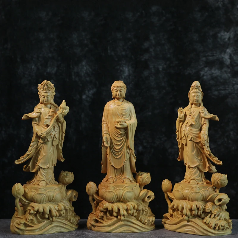 

20 см амитабиха авалокитествара Бодхисаттва три западных святых резьба по боксу твердая резьба по дереву орнамент Будды