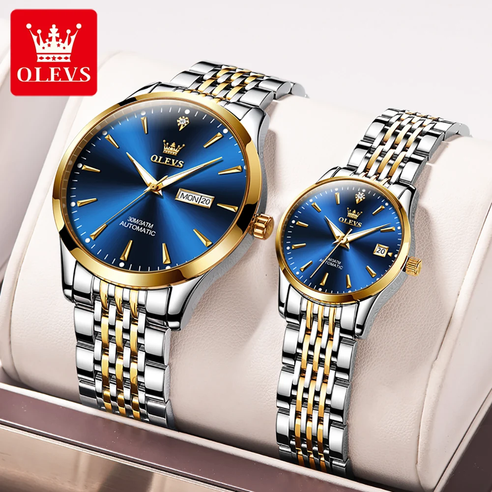 OLEVS New Simple Couple Mechanical Watch Waterproof Stainless Steel Strap Week Calendar Luminous Fashion Casual Automatic Watch