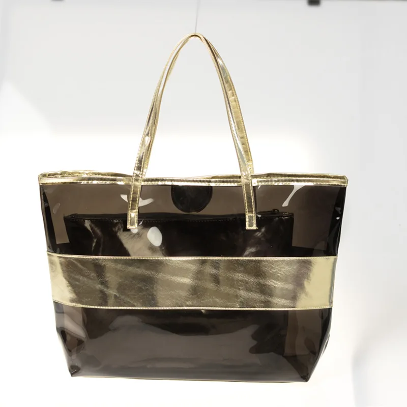 Women Pvc Transparent Bag Jelly Clear Beach Bags Handbag Women Big Tote Shoulder Bag Luxury Female Shopping Bags Silver