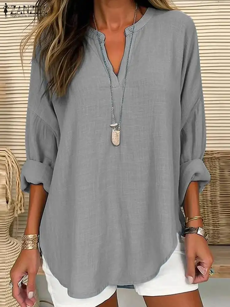 

Праздничная Повседневная рубашка ZANZEA с рукавом 3/4, длинная рубашка из 2023 хлопка, осенняя женская элегантная блузка с V-образным вырезом, однотонные винтажные Свободные Блузы для женщин