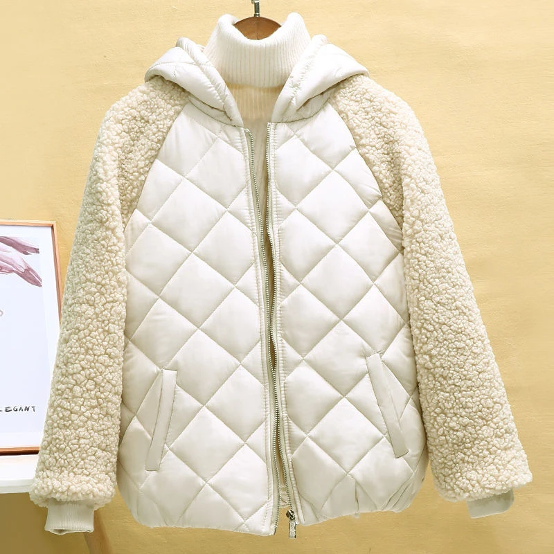 Thin light Down Cotton Jacket Women's Autumn Winter Paneled Long Sleeves 2022 New Hooded Loose Imitation lamb Wool Cotton Jacket