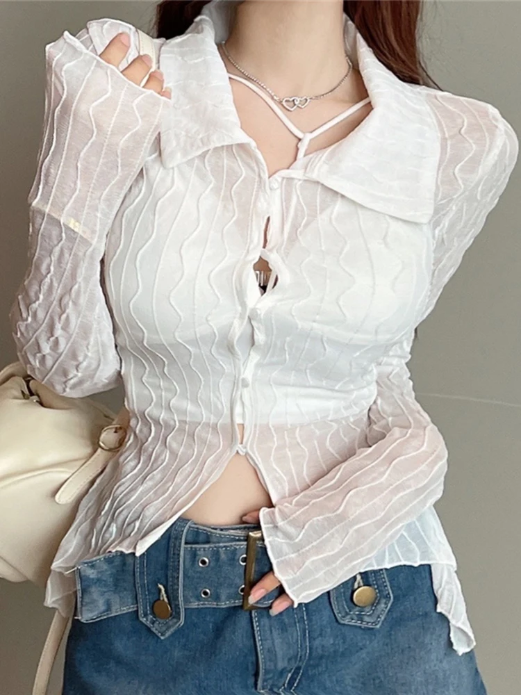 

Прозрачные вязаные топы, Новинка осени 2022, привлекательный Французский прозрачный свитер с длинным рукавом, нестандартный короткий дизайн...