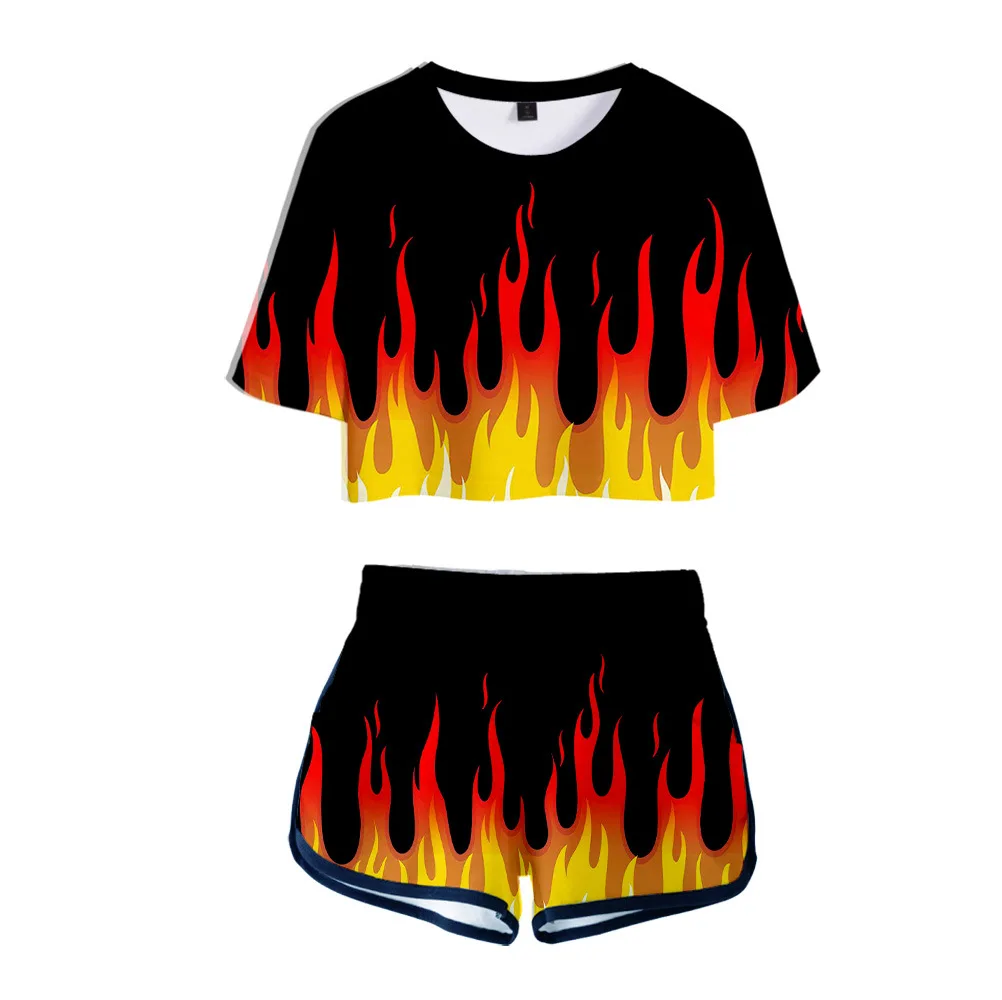 

Popular Creative Red and yellow flame 3D Printed Two Piece Set Women Sexy Shorts+lovely T-shirt Cute Dew navel Sport Girl suits