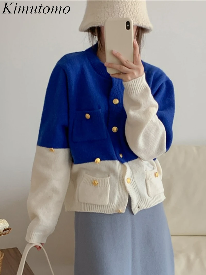 

Kimutomo Elegant Loose Color Contrast Single Breast Sweater Woman Gentle O-neck Pockets Long Sleeves Versatile Knit Cardigan Ins