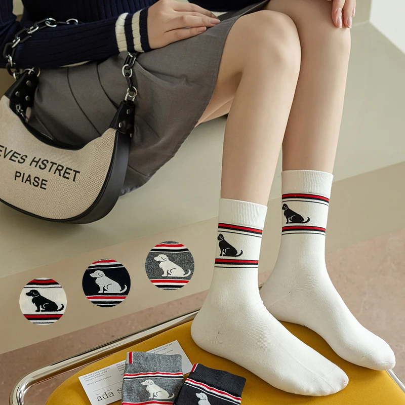 

Осенне-зимние женские противобактериальные носки из чистого хлопка с рисунком собаки в горизонтальную полоску, цвет черный/белый/серый, 309