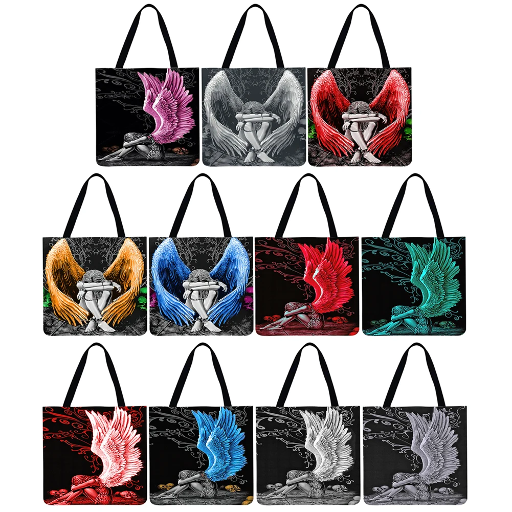 

Reusable Linen Shopping Handbags Casual Ladies Angel Wings Printed Pattern Tote Square Large Capacity Storage Bag
