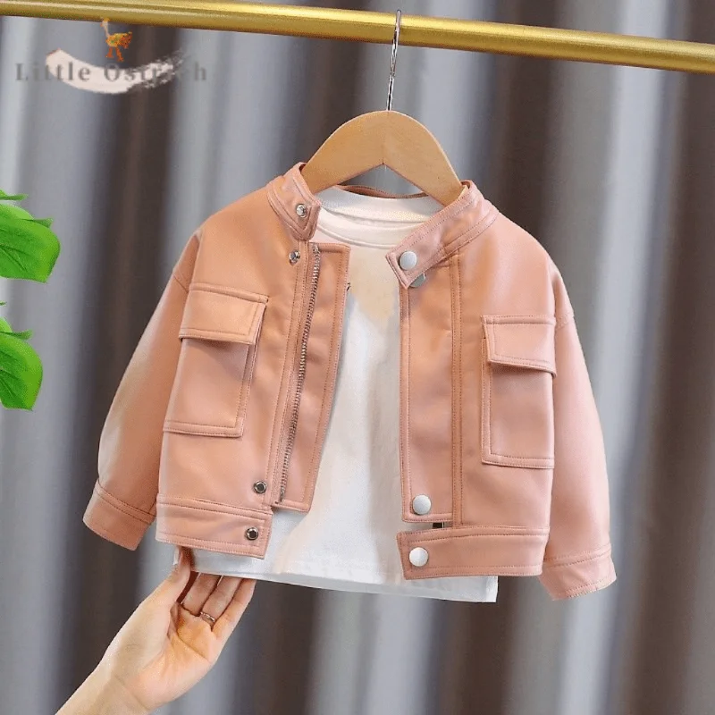 

Куртка из искусственной кожи для маленьких девочек и мальчиков, пальто с длинным рукавом для младенцев, Повседневная Верхняя одежда на молнии с карманами, одежда для малышей 12 мес.-10 лет, на осень