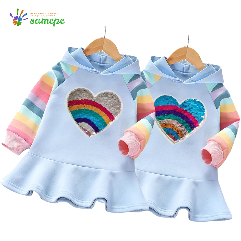 

Girls' Sweatshirt Dress Color Change Sequined Rainbow Dress for Kids Autumn Spring Casual Clothing Reversible Children Costume