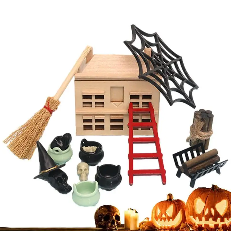 

Miniature Halloween Village Accessories Wood Dollhouse Kit DIY Wooden Dollhouse Handmade Miniature Kit For Yard Home Bedroom