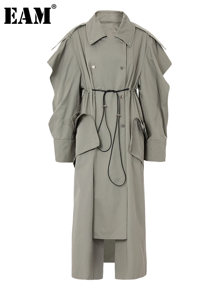 

[EAM] Women Green Drawstring Big Size Long Trench New Lapel Long Sleeve Windbreaker Fashion Tide Spring Autumn 2023 1DF303306