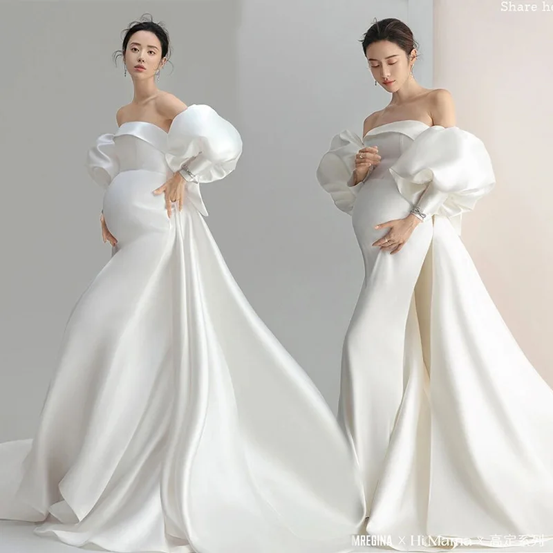 New White One-neck Maternity Dresses Satin Puff Sleeves Off-the-shoulder Split Women's Pregnant Dress Photo Photography Props