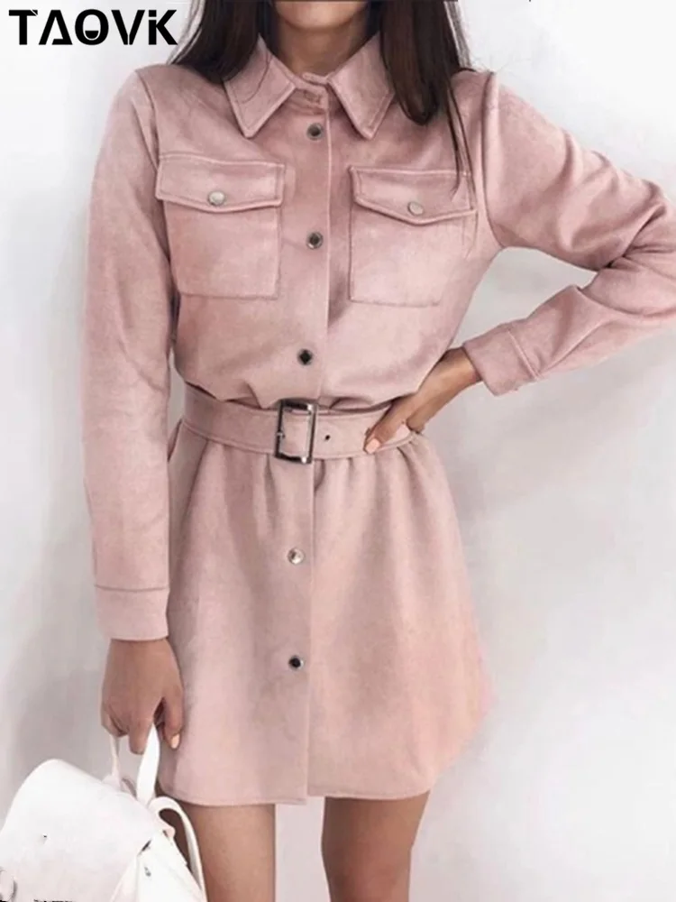 

TAOVK Autumn Women's dresses Solid Color Single Breasted Turn Down Collar Long Sleeve Suede women Dress with Belt