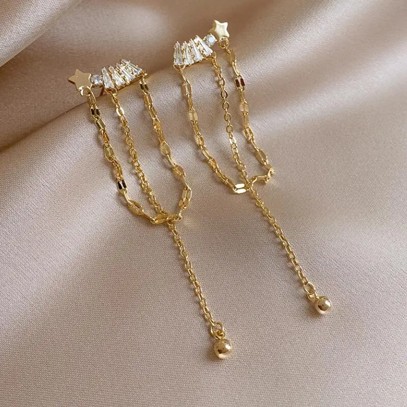 

Luxury Female Zircon Chain Tassel Earrings For Women Korean New Jewelry Gifts Fashion Cute Lucky Star Drop Earrings For Party