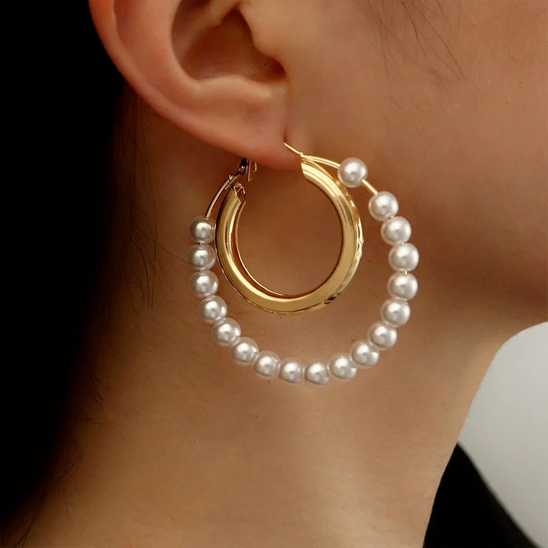 

Fashion Oversized Pearl Circle Hoop Earrings 2022 Korean Gold Round Pearl Alloy Big Earrings Wedding Jewelry Gift