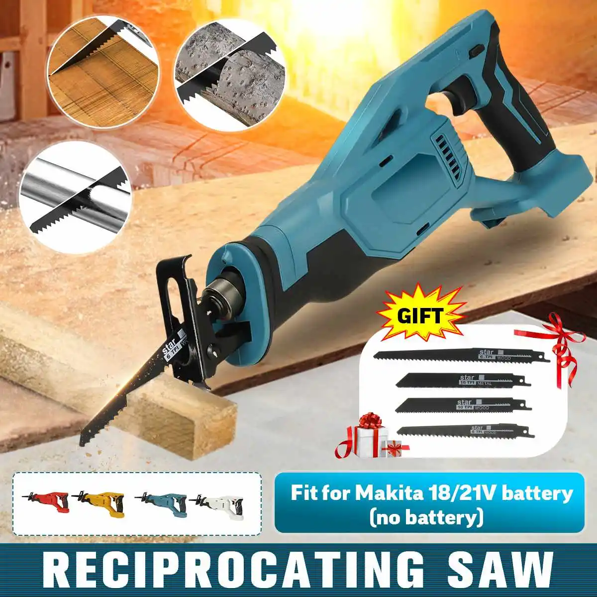

Electric Saw Handheld Cordless Reciprocating Saw No Battery One-Handed Saw With 4 Blades Metal Wood Cutter Tool For Makita 18V