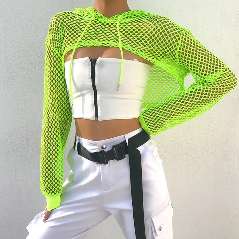 

Women Casual Vest Bra Cover Fish Net Hollow out Drawstring Micro Length Hoodie for covering bra vest Fish Net Sexy Cool Girls