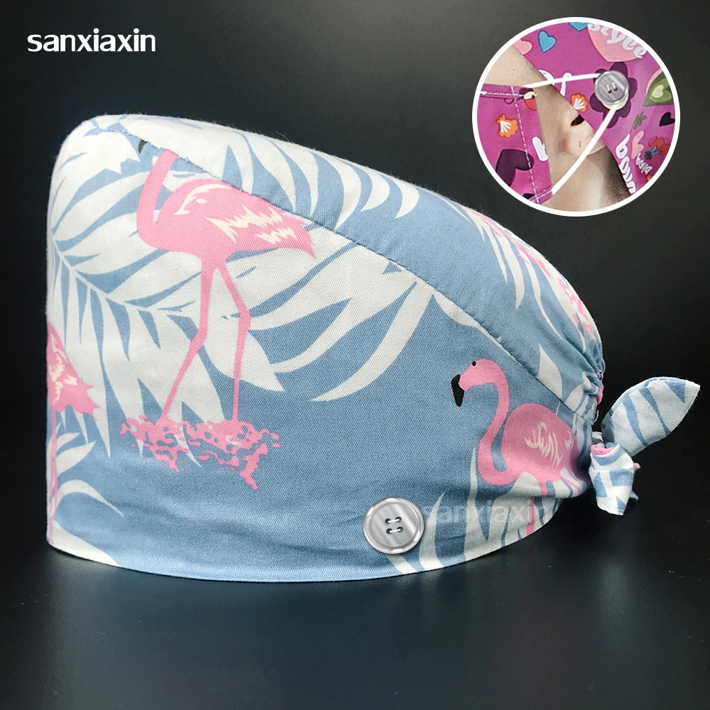 

Women and Men Nursing Scrubs Hat Printing Caps Adjustable Working Cap with Button Elastic Bandage Nurse Accessories Surgeon Cap