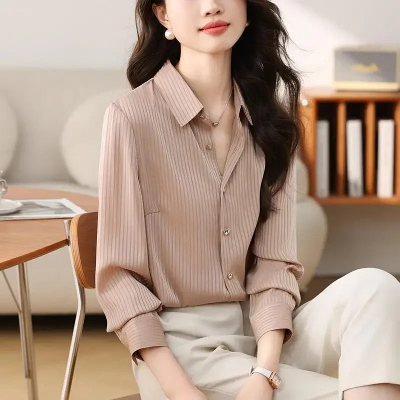 Модная высококачественная шелковая полосатая рубашка женская с длинным рукавом