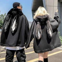 harajuku style couple hoodie cute rabbit ear pullover fashion loose plus velvet thickening long couple college style jacket