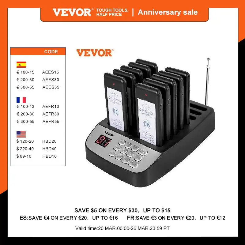 VEVOR Restaurant Pager Calling Paging System 10 Coaster Receiver Restaurants Church Nurse Clinic Queue System Wireless Pagers