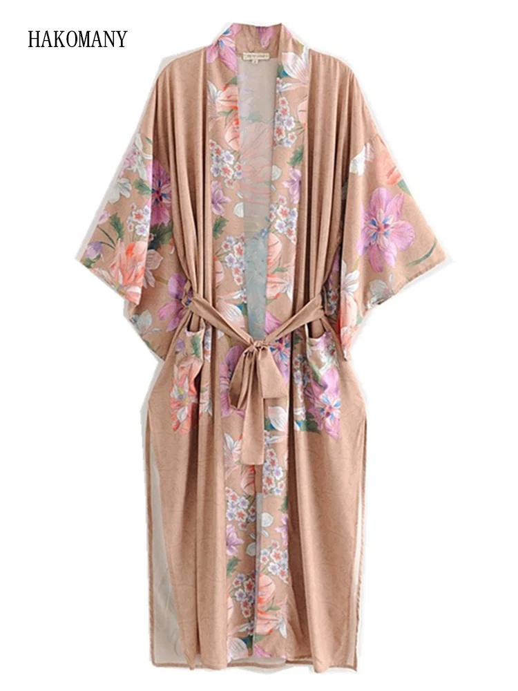 

2019 Holiday New Lacing up Sashes Long Cardigan Loose Blouse Tops Bohemian V neck Peacock Flower Print Long Kimono Shirt Khaki